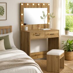 Dressing Table Bedroom Vanity Mirror LED Lights Storage Drawers Brown