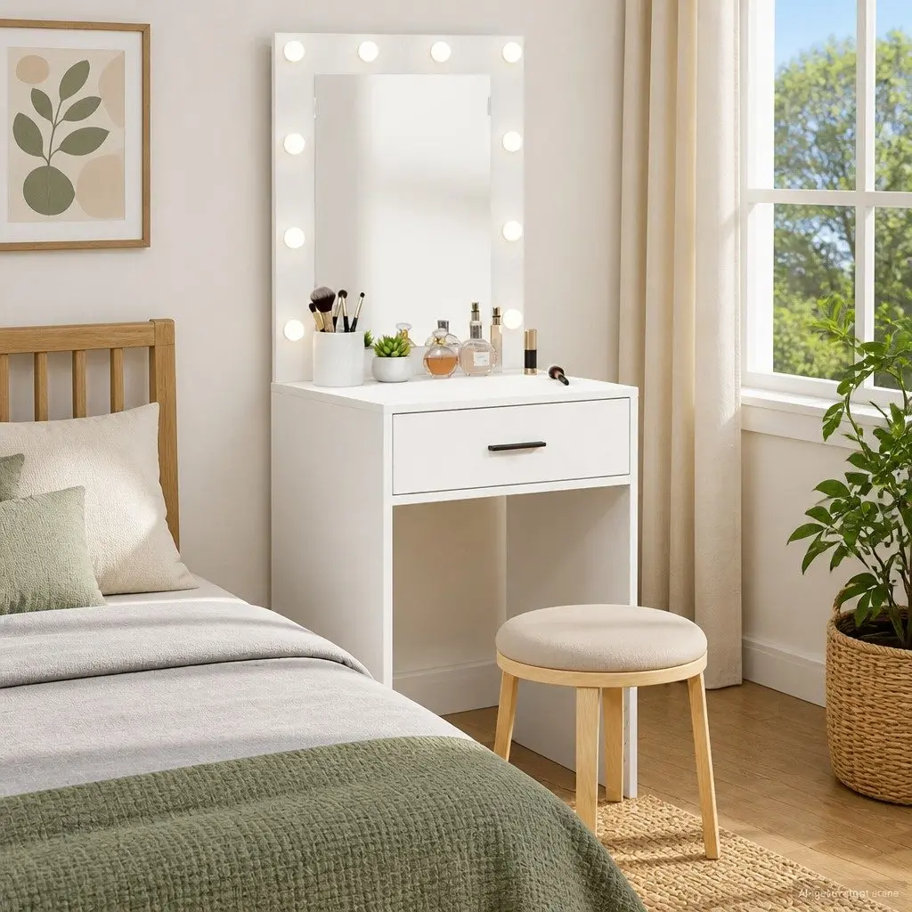 Dressing Table White Bedroom Vanity Unit with Mirror and LED Lights Storage Drawers