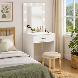 Dressing Table White Bedroom Vanity Unit Mirror Drawers LED Lights Storage