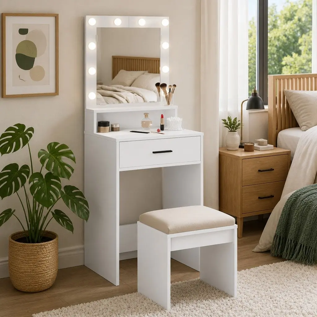 Dressing Table White Bedroom Vanity Unit Drawers Mirror LED Lights Storage