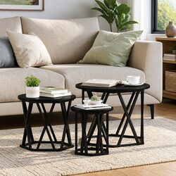 Nesting Side Table Set 3 Pieces Black Modern Coffee Tables Living Room Furniture