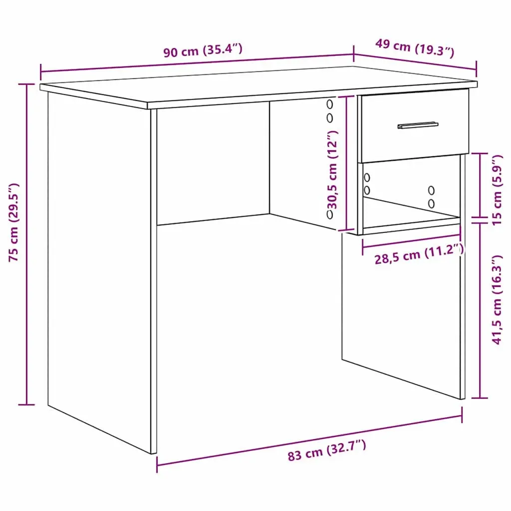 White Writing Desk 90cm Spacious Work Surface Engineered Wood with Drawer and Shelf Storage