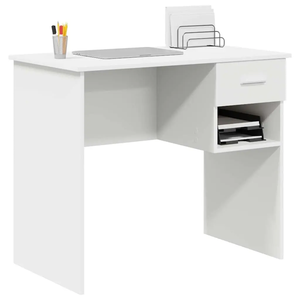 White Writing Desk 90cm Spacious Work Surface Engineered Wood with Drawer and Shelf Storage