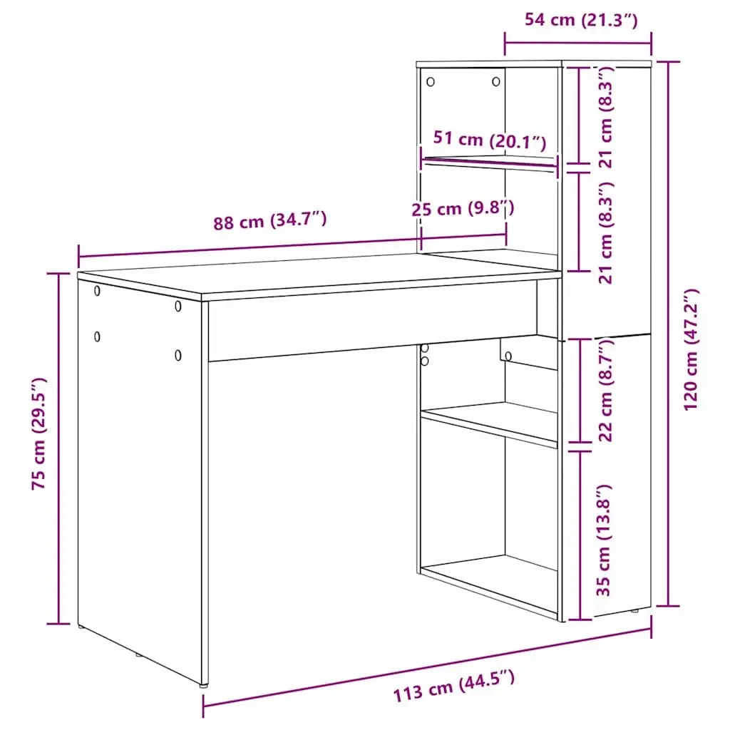 Study Desk 113x54x120cm White Modern with Integrated Shelves for Home Office