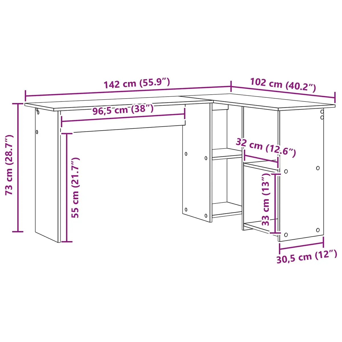 Corner Desk 142x102x73cm with Integrated Shelves for Home Office Study Workspace