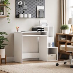 White Desk with Drawer Engineered Wood Rectangular Computer Workstation Storage