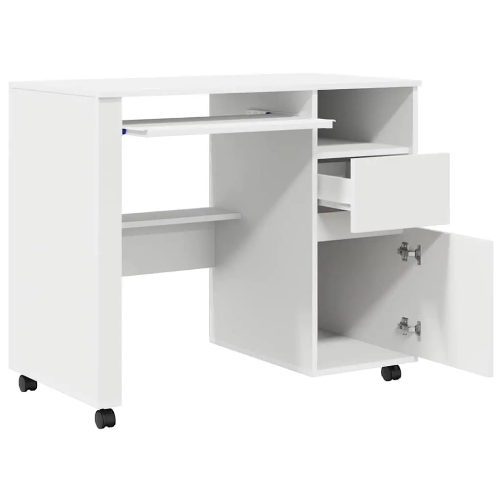 White Computer Desk 91 x 50 x 77 cm Mobile Office Workstation with Wheels Shelves Drawers