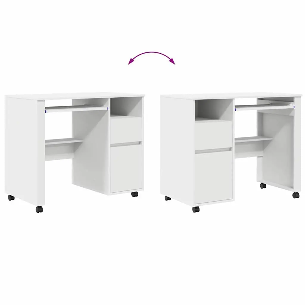 White Computer Desk 91 x 50 x 77 cm Mobile Office Workstation with Wheels Shelves Drawers