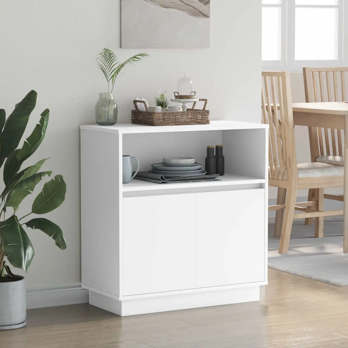 LED Sideboard White Modern Storage Cabinet Engineered Wood Hinged Doors RGB LED Lighting