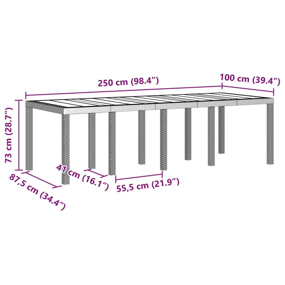 Garden Dining Table 250 x 100 x 73 cm Rectangular Poly Rattan Outdoor Furniture