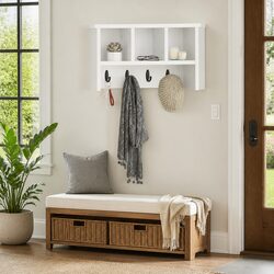 Wall-Mounted Coat Rack with Shelves Hooks White Hallway Entryway Storage