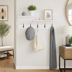 Wall-Mounted Coat Rack White Engineered Wood Hallway Entryway Hooks Shelves 90cm