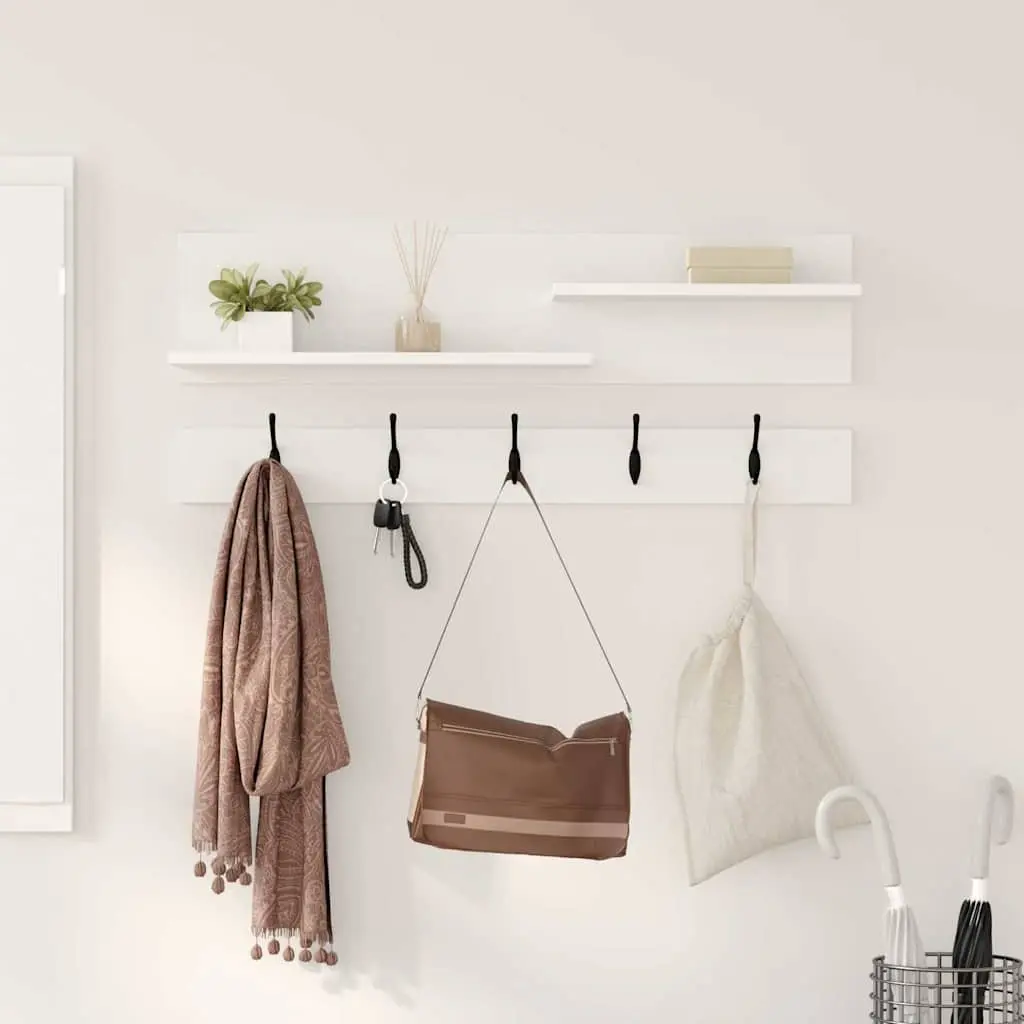 Wall-Mounted Coat Rack 90cm White Engineered Wood Hooks Shelves