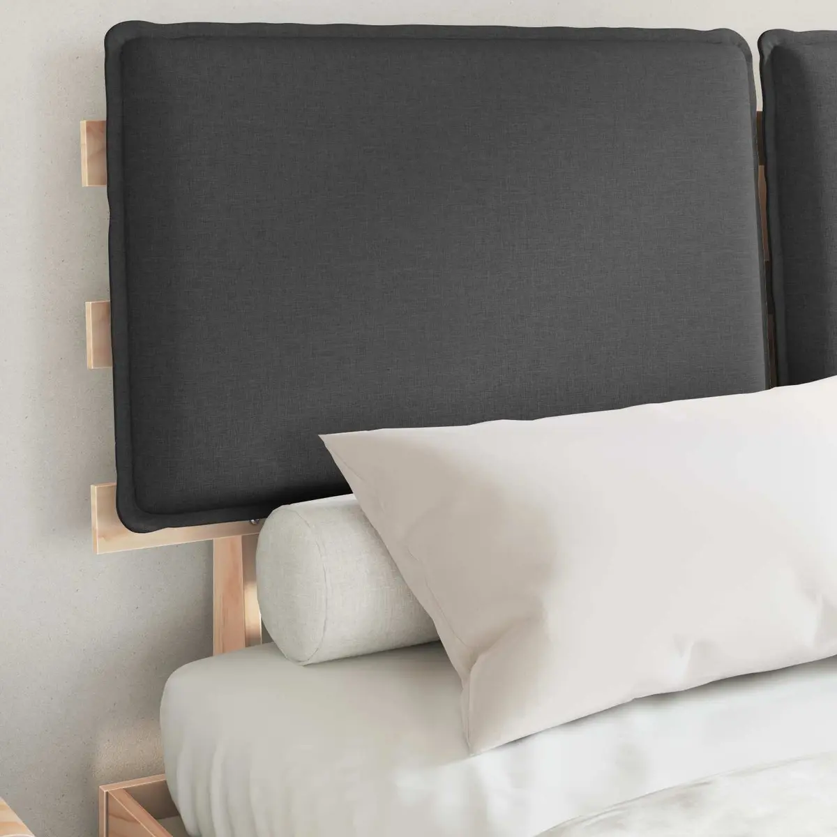 Bed Frame 135 x 190 cm Upholstered Headboard Grey Modern Platform Slatted