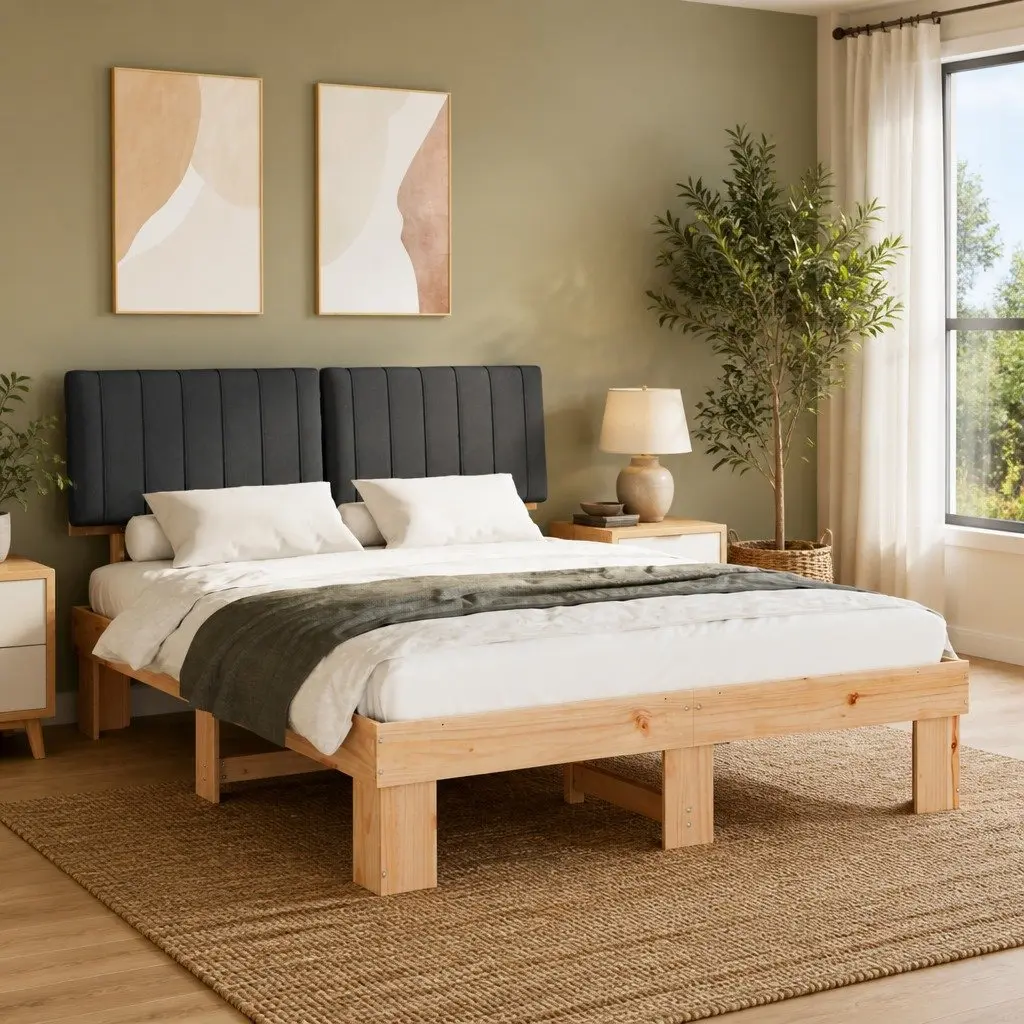 Bed Frame 150 x 200 cm Upholstered Headboard Grey Wooden Modern
