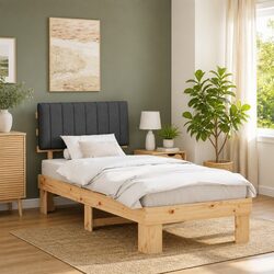 Bed Frame with Upholstered Headboard Grey 90 x 190 cm Wooden Slatted Platform