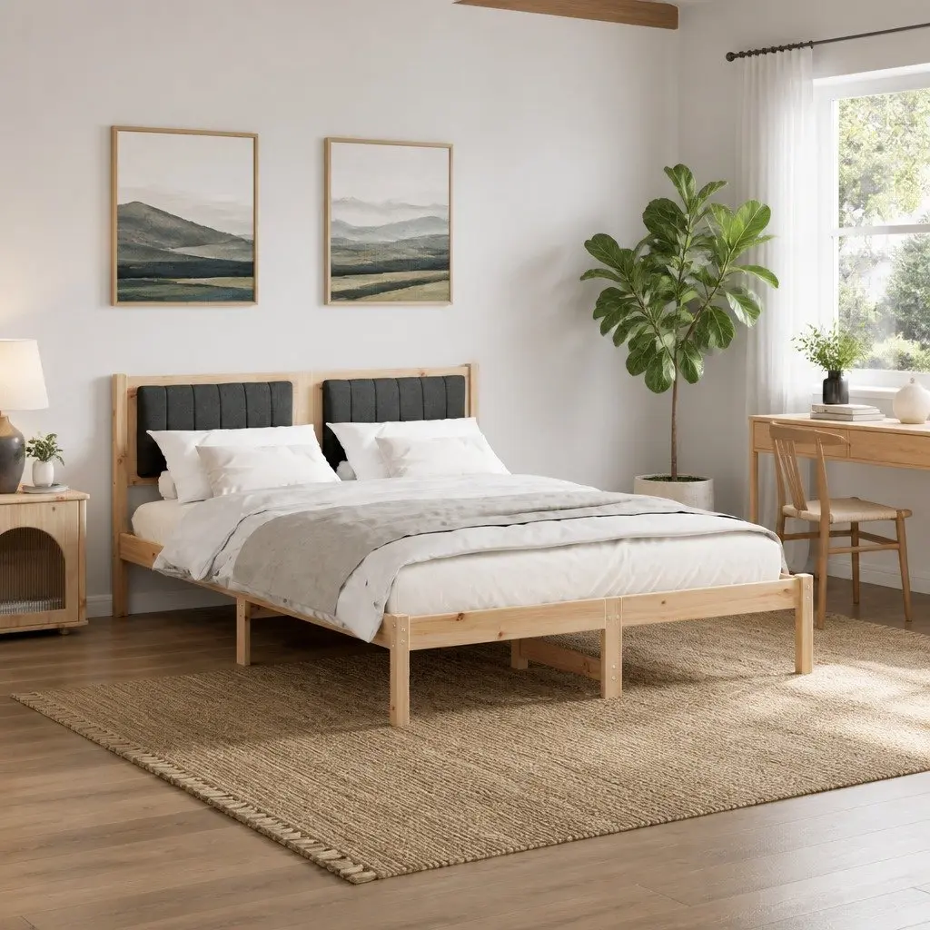 Bed Frame 135 x 190 cm Upholstered Headboard Solid Pine Wood Construction