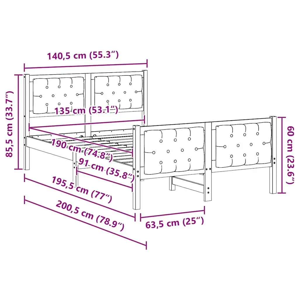 Bed Frame 135 x 190 cm Solid Pine Wood with Upholstered Headboard