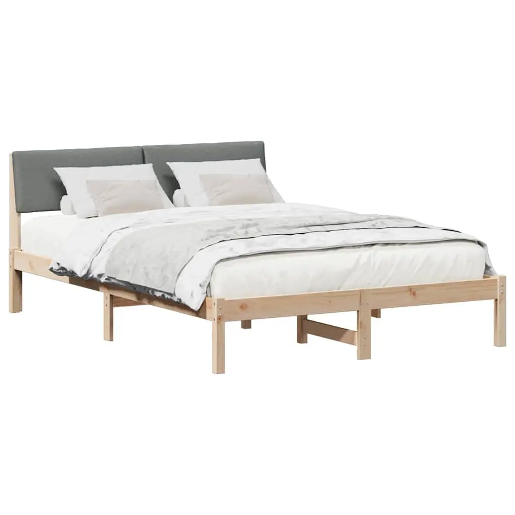 Bed Frame 135 x 190 cm Modern Platform Solid Pine Wood with Wall-mounted Headboard