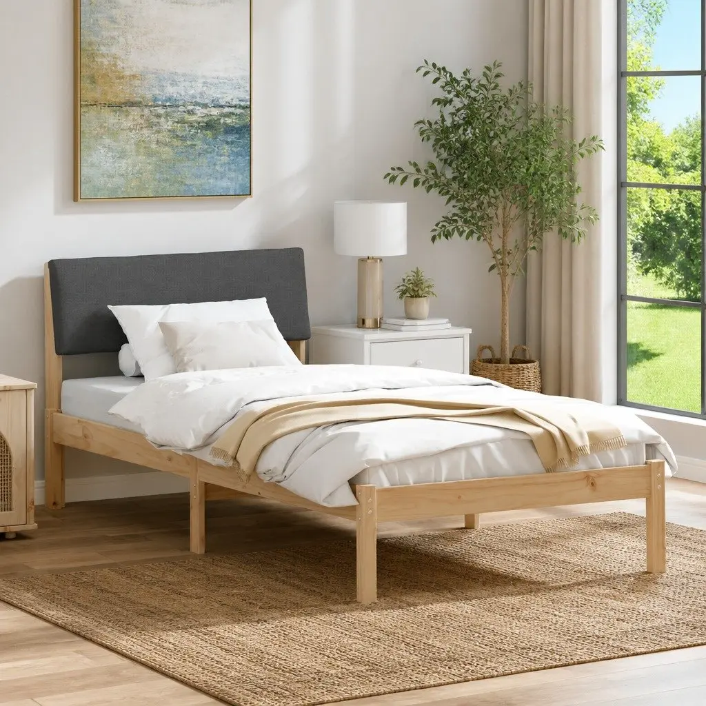 Bed Frame 90 x 190 cm Solid Pine Wood Modern Platform with Wall-mounted Headboard Brown