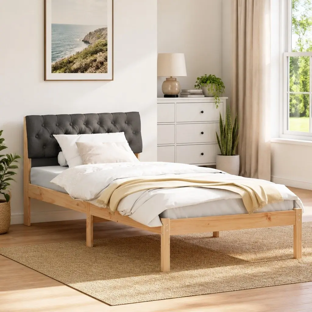 Bed Frame 90x190cm Brown Dark Grey Solid Pine Wood Platform with Wall-Mounted Polyester Headboard