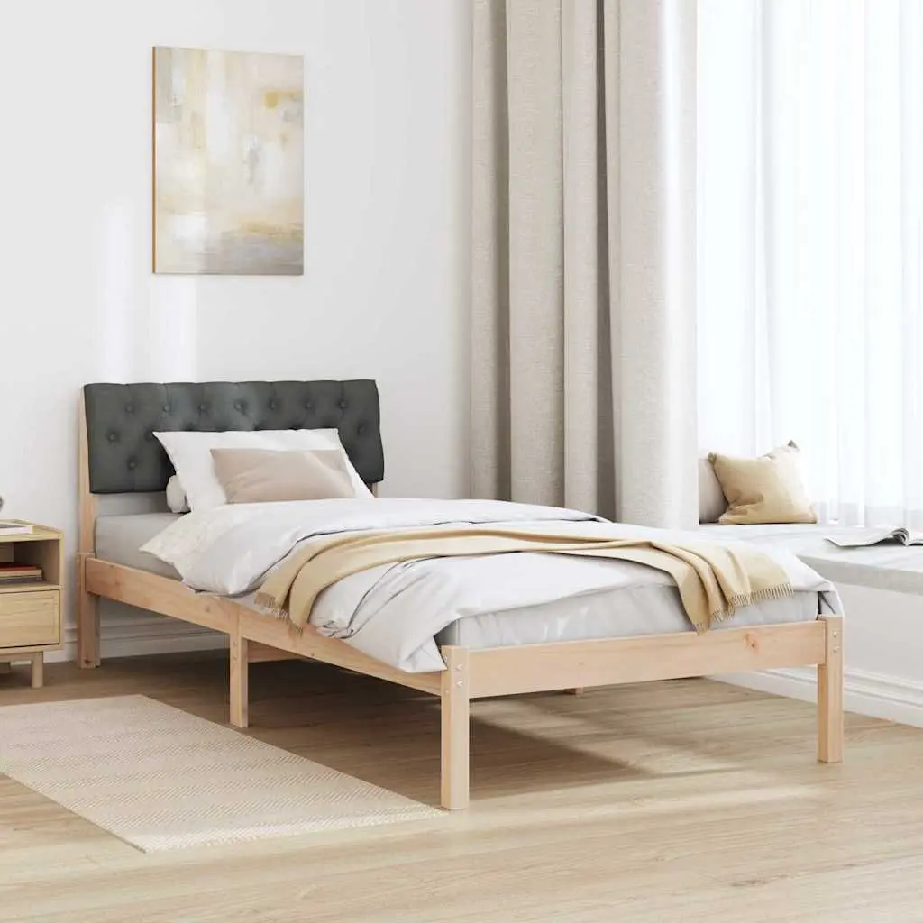 Bed Frame 90x190cm Brown Dark Grey Solid Pine Wood Platform with Wall-Mounted Polyester Headboard