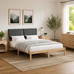 Bed Frame with Upholstered Headboard Brown 135 x 190 cm Solid Pine Wood Modern