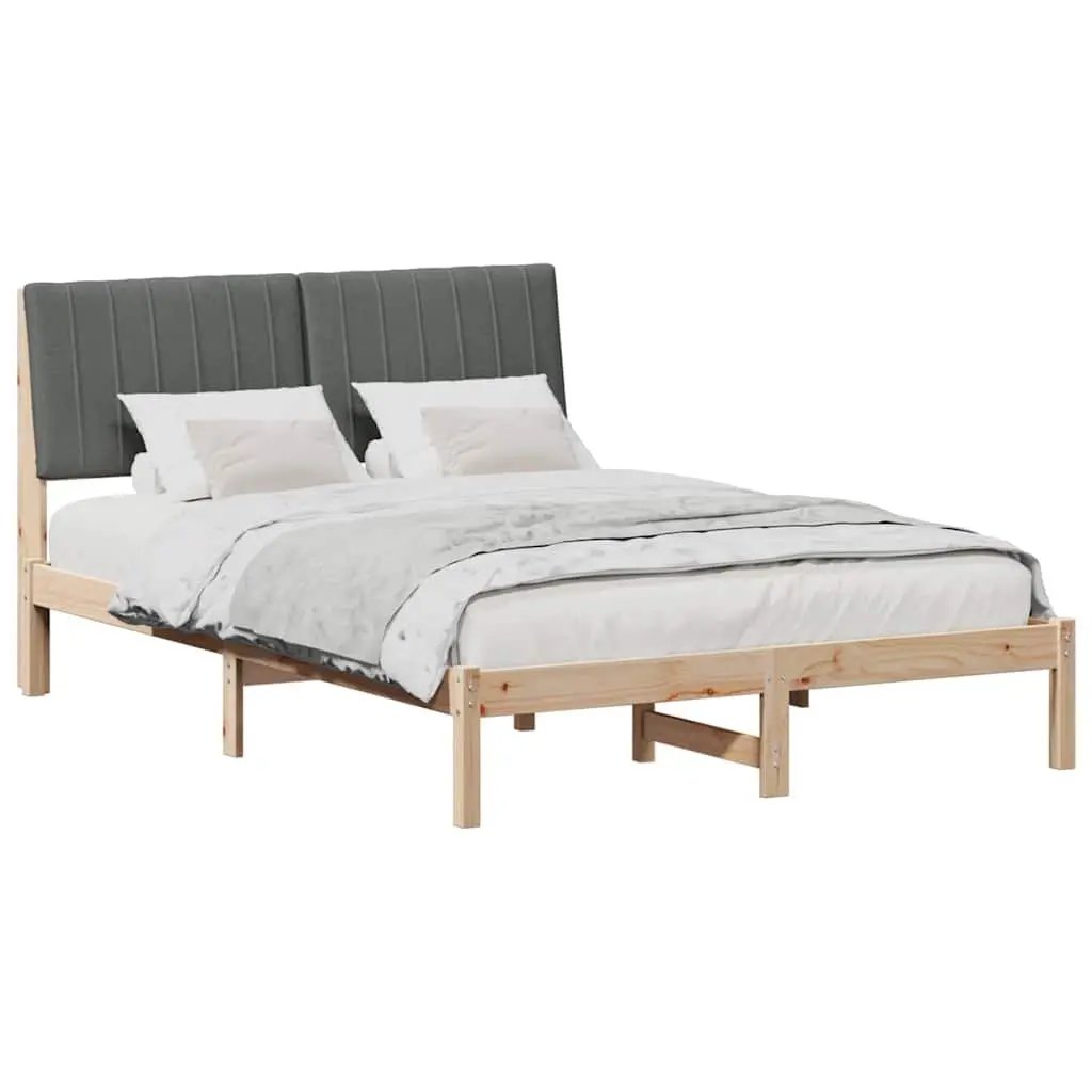 Bed Frame 135 x 190 cm Solid Pine Wood Upholstered Headboard Modern