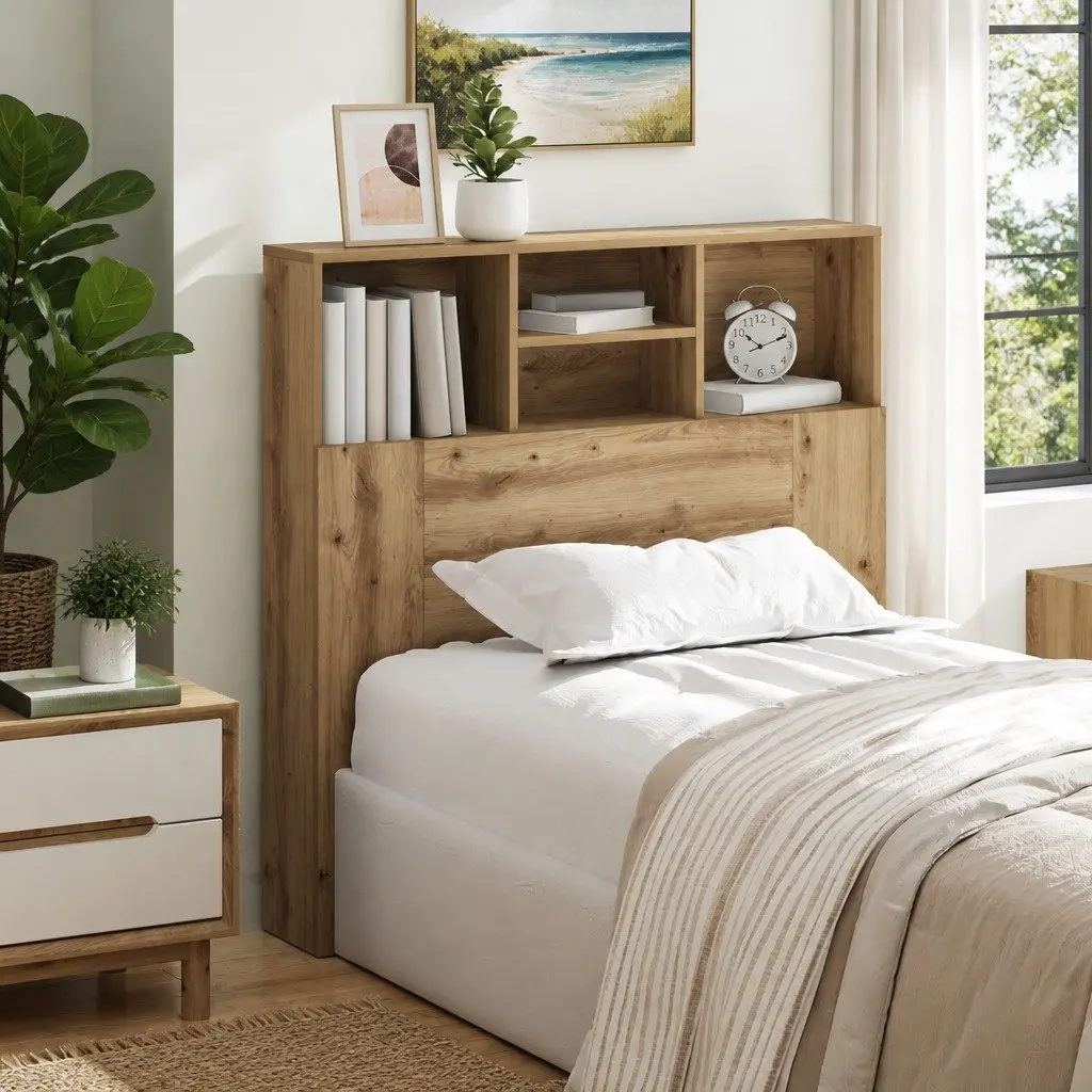 Wall-Mounted Headboard Cabinet Modern Brown Engineered Wood Bedroom Storage Shelving