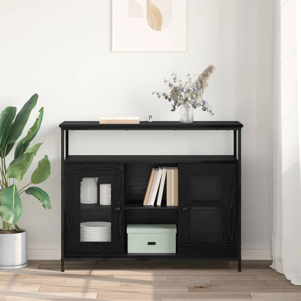 Sideboard Black Oak Modern Engineered Wood Storage Cabinet