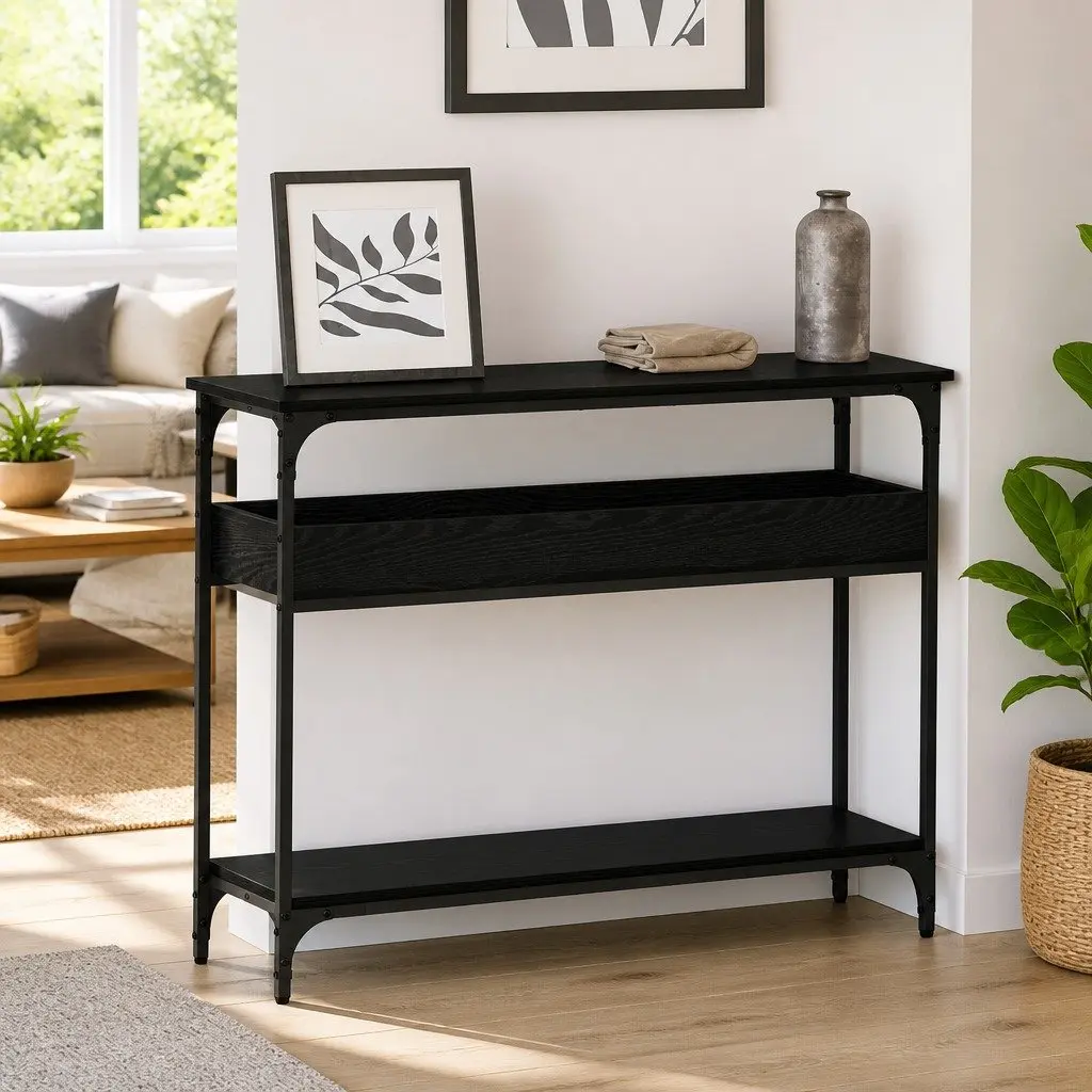 Console Table Black Oak Engineered Wood Top Steel Frame Storage Functionality