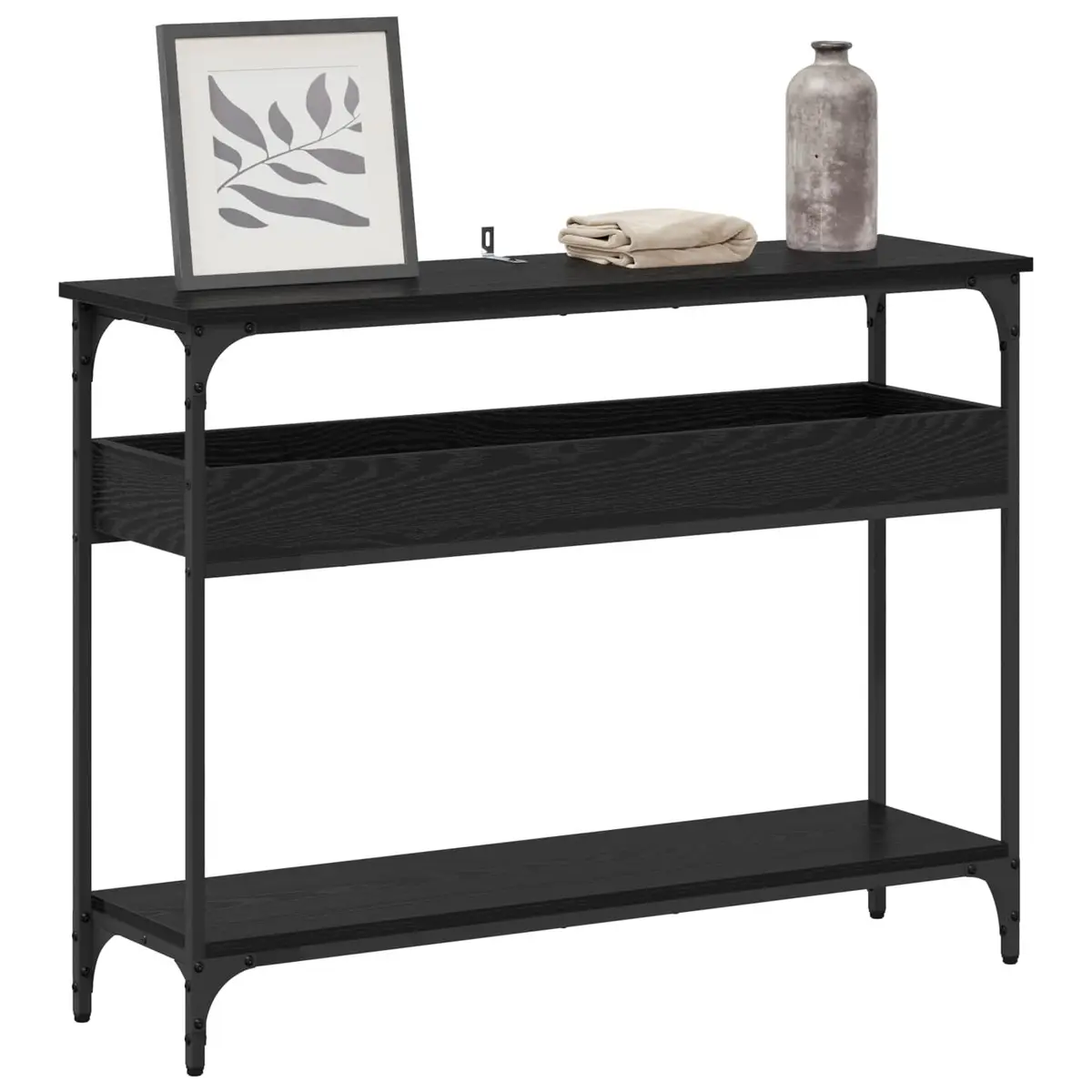 Console Table Black Oak Engineered Wood Top Steel Frame Storage Functionality