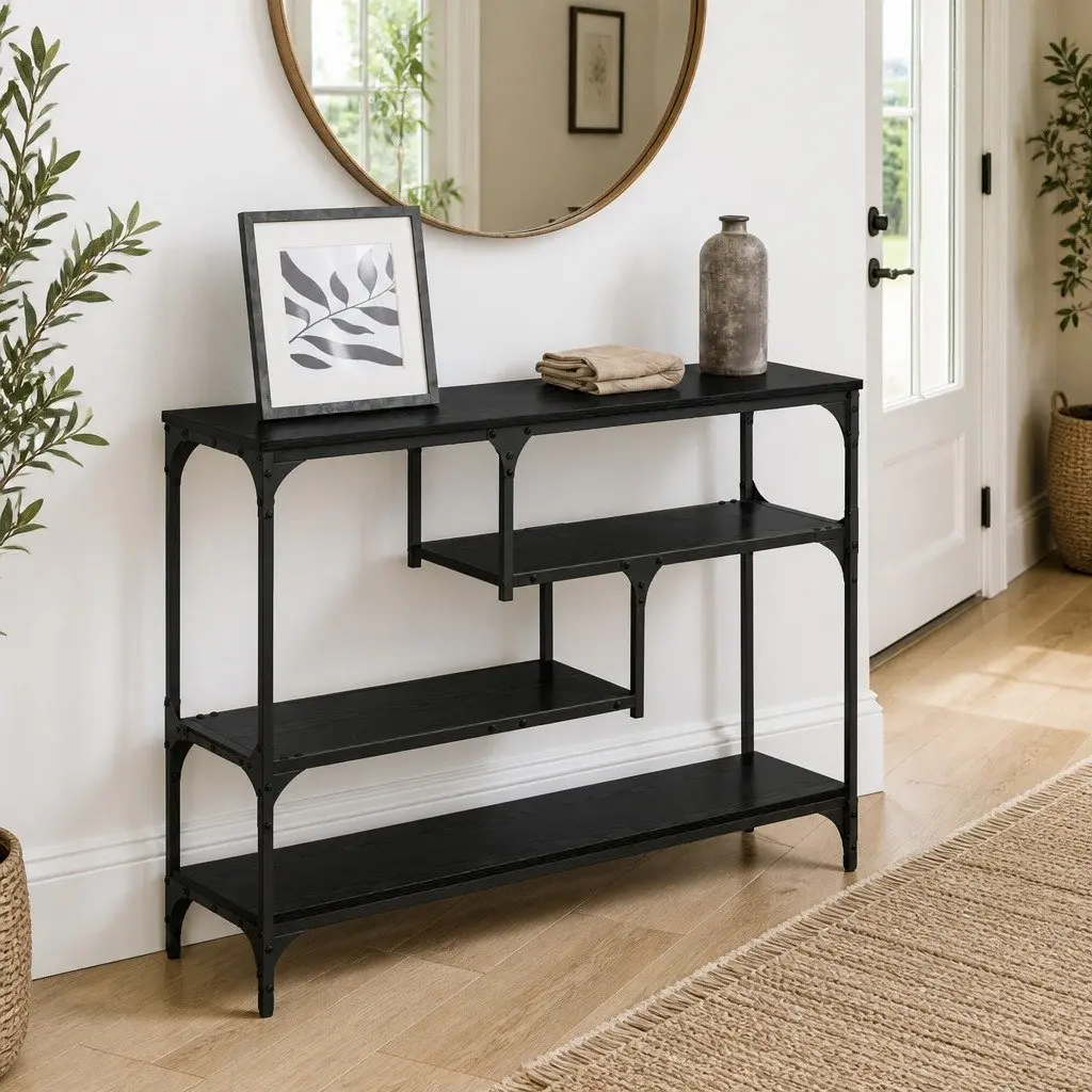 Console Table Narrow Black Industrial Style Engineered Wood Steel Frame