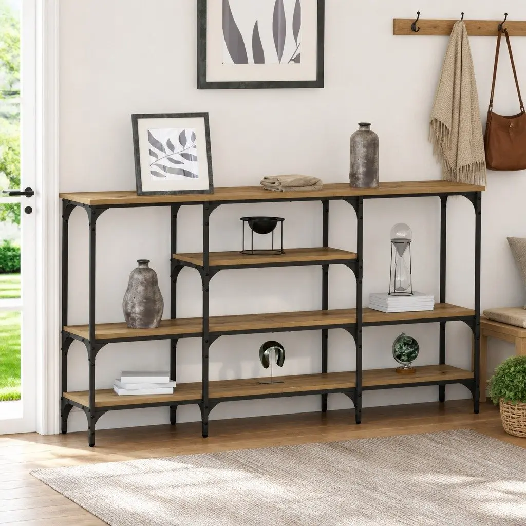 Console Table Brown Industrial Style Steel Frame Engineered Wood Multiple Shelves