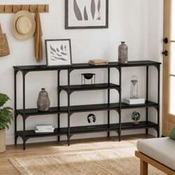 Console Table Black Oak Industrial Steel Frame Engineered Wood Hallway Entry