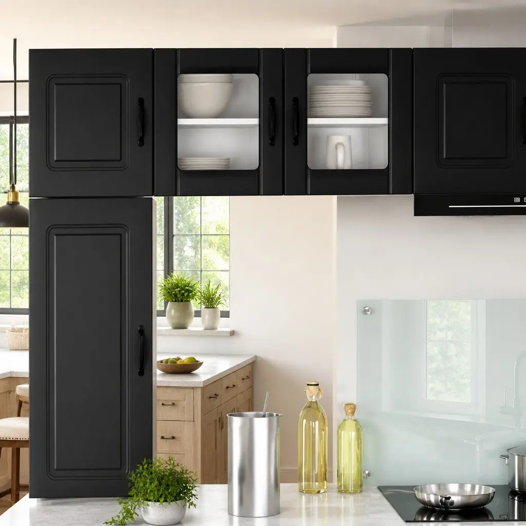 Wall Glass Cabinet Black Kitchen Storage Engineered Wood Modern Rectangular