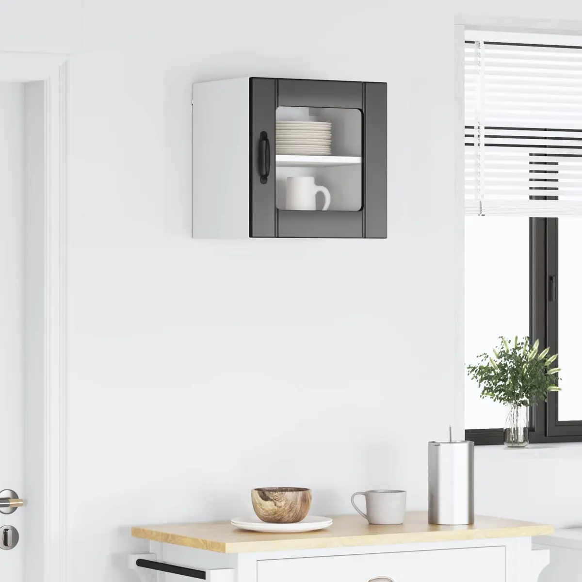 Wall Glass Cabinet Black Kitchen Storage Engineered Wood Modern Rectangular