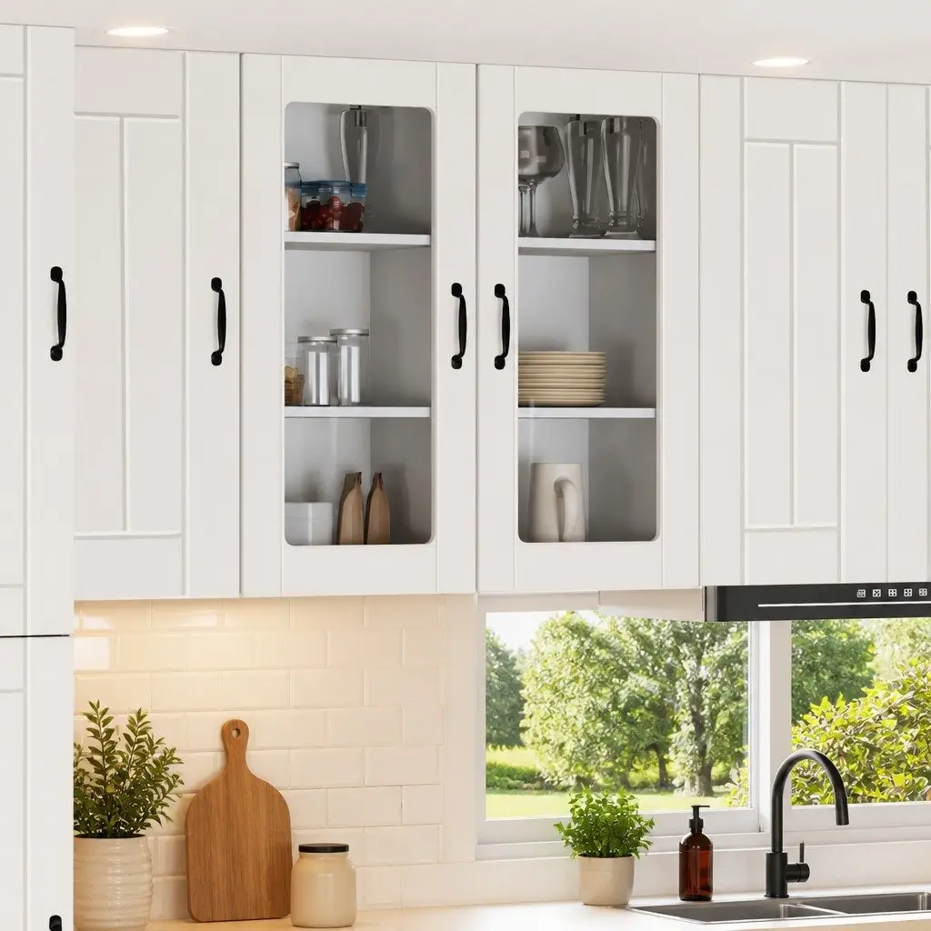 Wall Glass Cabinet 40 x 31 x 80 cm Engineered Wood White Modern Kitchen Storage