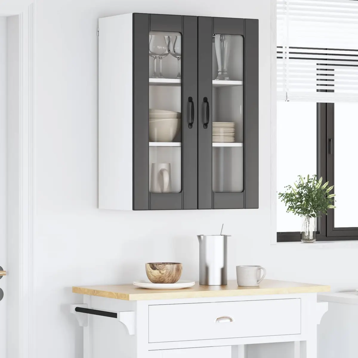 Wall Glass Cabinet Black Engineered Wood Modern Kitchen Storage