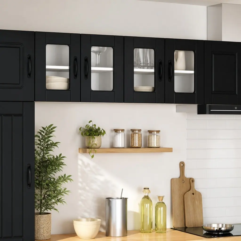 Wall Glass Cabinet 60 x 31 x 40 cm Black Wall-mounted Kitchen Storage 2 Piece Modern Shelving