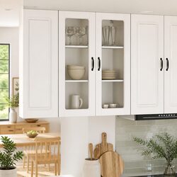 Wall Mounted Glass Kitchen Cabinet White Storage Shelves Engineered Wood
