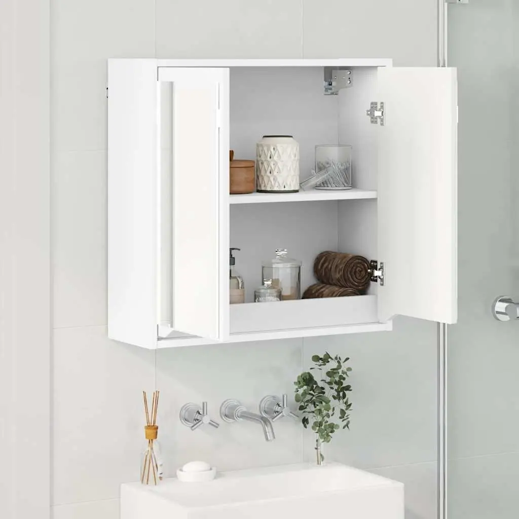 Bathroom Mirror Cabinet White Wall-Mounted Storage Engineered Wood with Mirrored Door and Glass Shelves