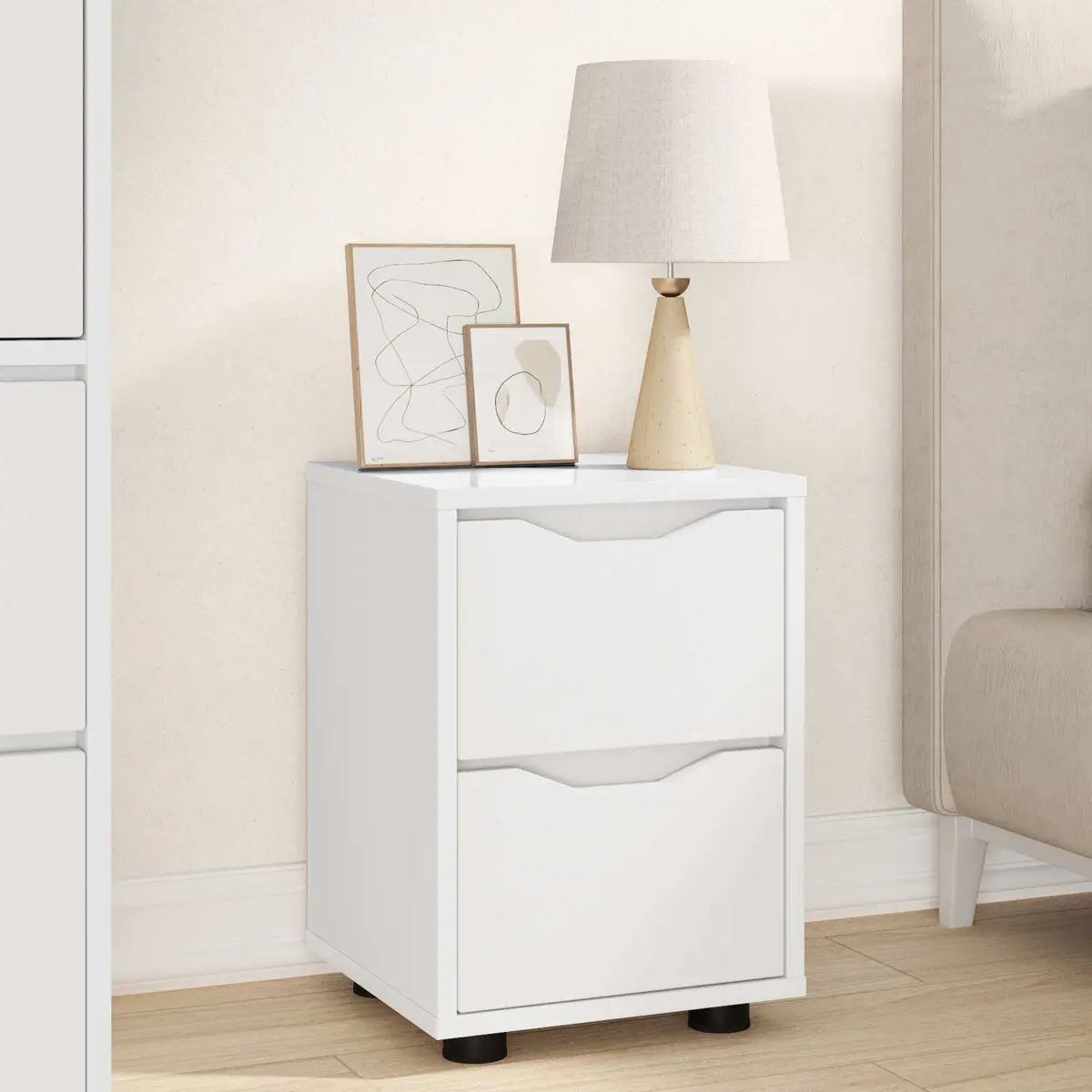 Bedside Table 30.5cm White Engineered Wood Modern Nightstand with Drawer