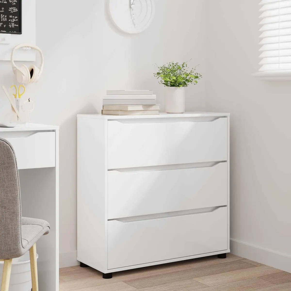 Storage Cabinet High Gloss White Engineered Wood Multiple Drawers Smooth Operation