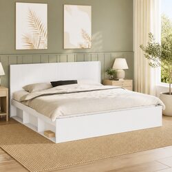 White Engineered Wood Headboard Vertical Slat Design Bed Frame Mount Bedroom