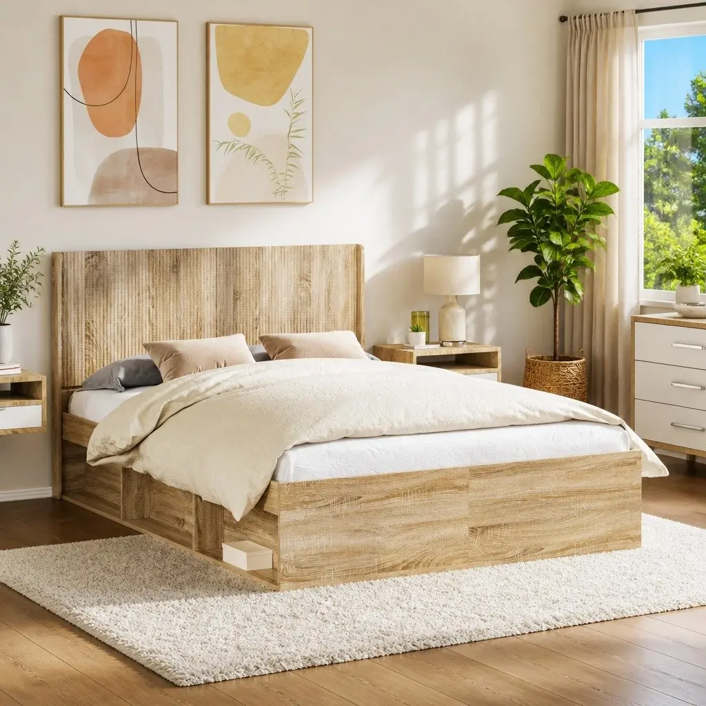 Vertical Slat Headboard Engineered Wood Brown Durable Bedroom Furniture
