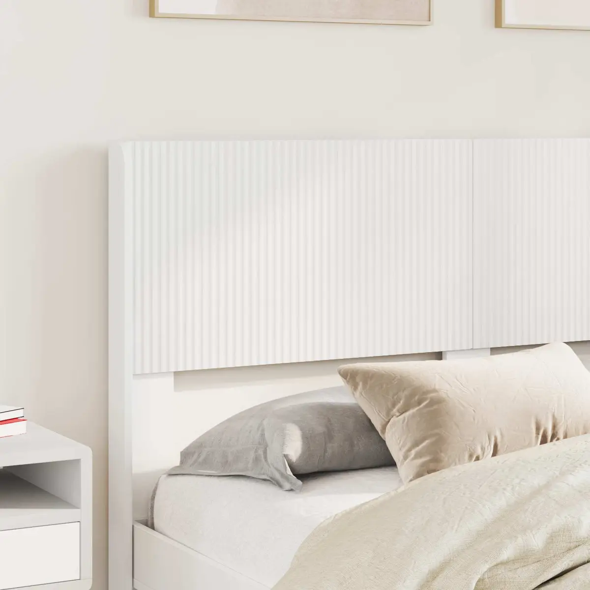 White Headboard Vertical Slat Design Engineered Wood Bedroom Furniture Mount
