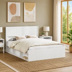 White Headboard Vertical Slat Design Engineered Wood Bed Frame Mount Bedroom