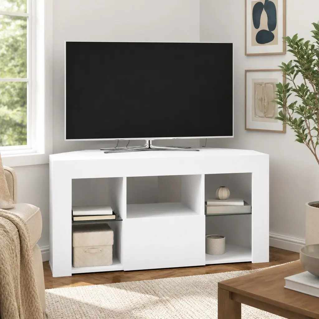 Corner LED TV Cabinet White Wall Mounted with Integrated Lighting and Storage Compartments