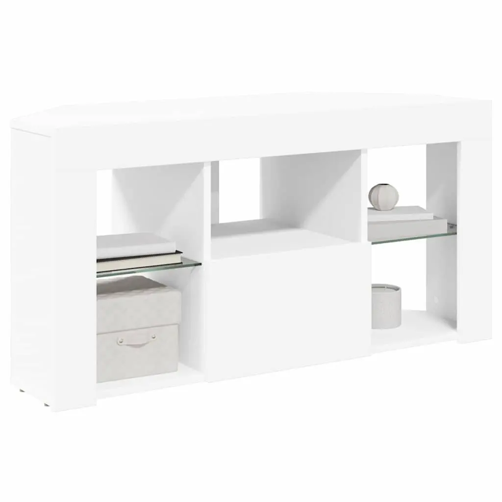 Corner LED TV Cabinet White Wall Mounted with Integrated Lighting and Storage Compartments
